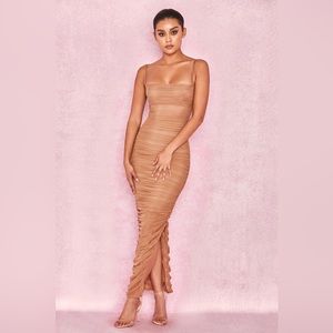 HOUSE OF CB FORNARINA TAN ORGANZA MESH DRESS